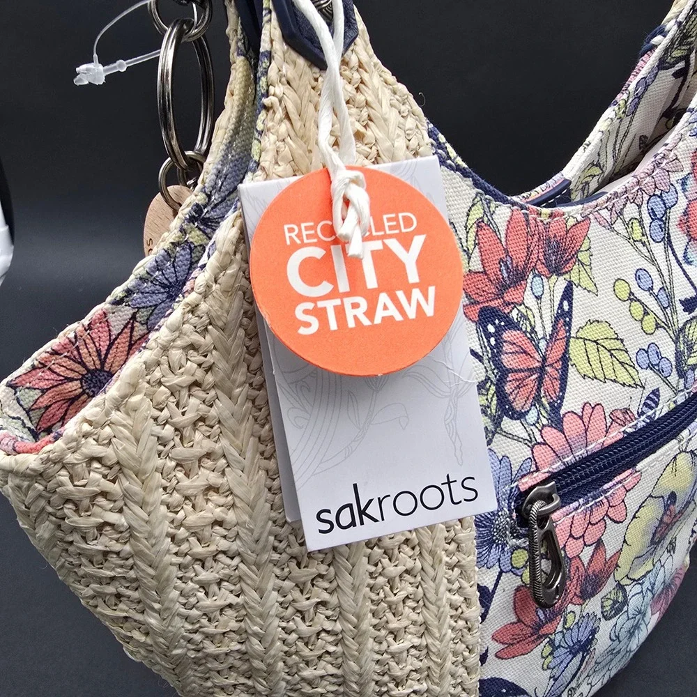 Sakroots Artist Circle Recycled City Straw Floral Butterfly Hobo Bag Navy Blue